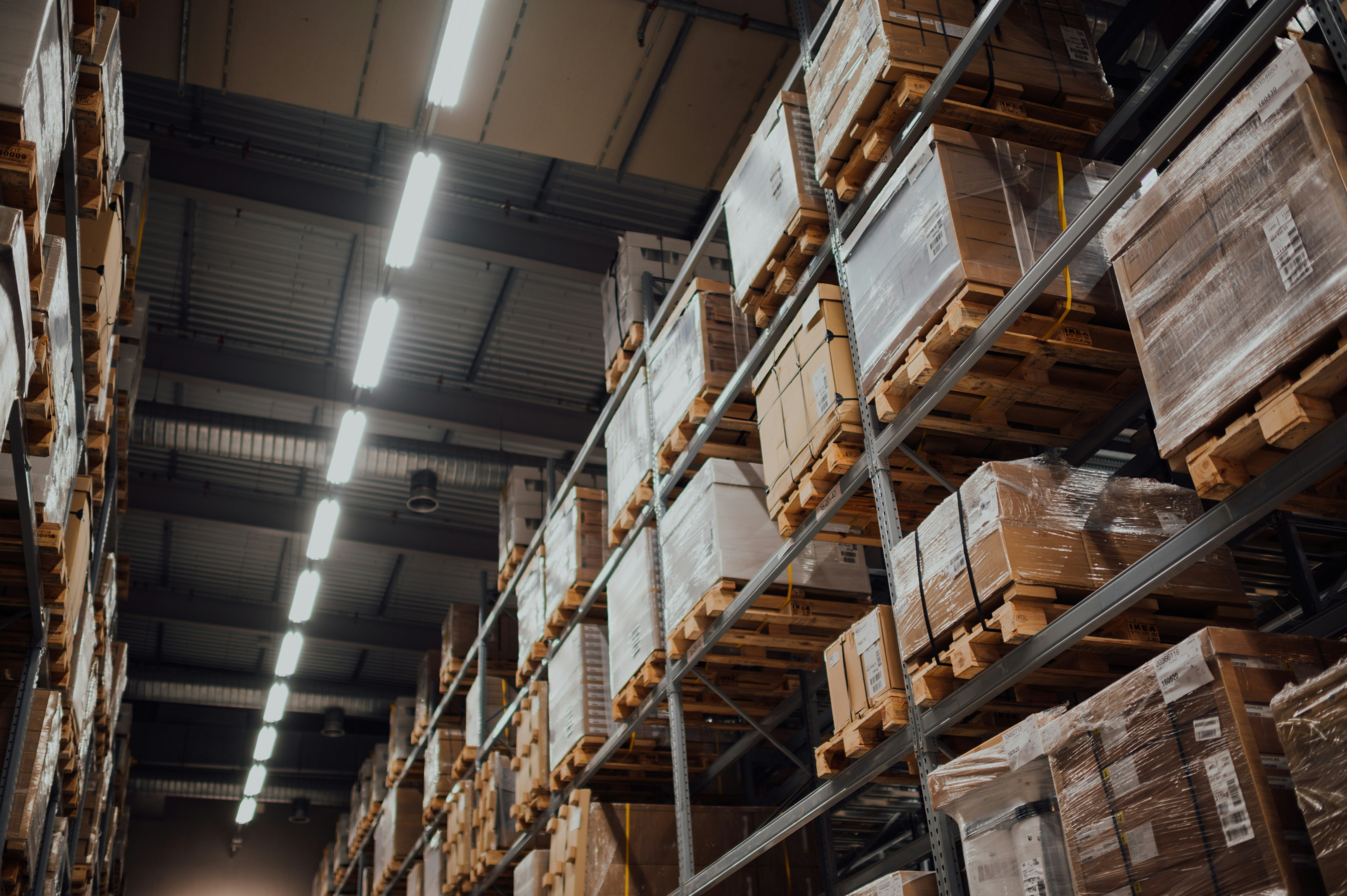 Palletized cartons stored in a warehouse