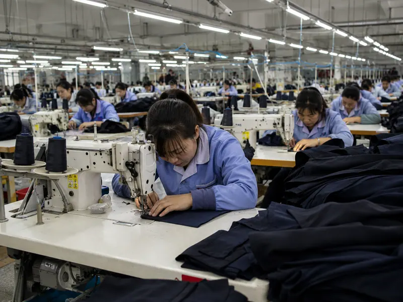 Illustrative sewing workshop production scene in a Chinese garment factory